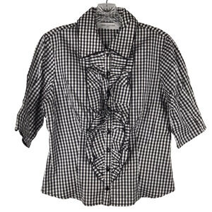 Anne Fontaine Scaline Top Gingham Ruffle Blouse Black White Cotton Button Sz 40